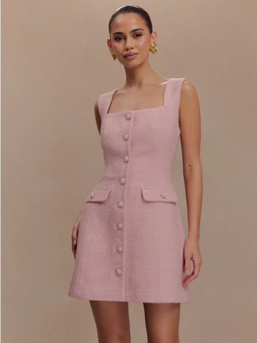 Meshki Blush Pink Bouclé Square-Neck Mini Dress